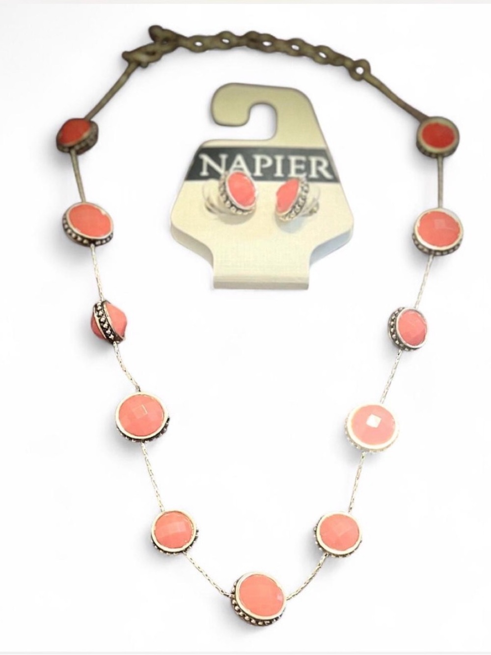 Napier Gold-Tone Necklace with Coral Orange Stones and Matching Studs